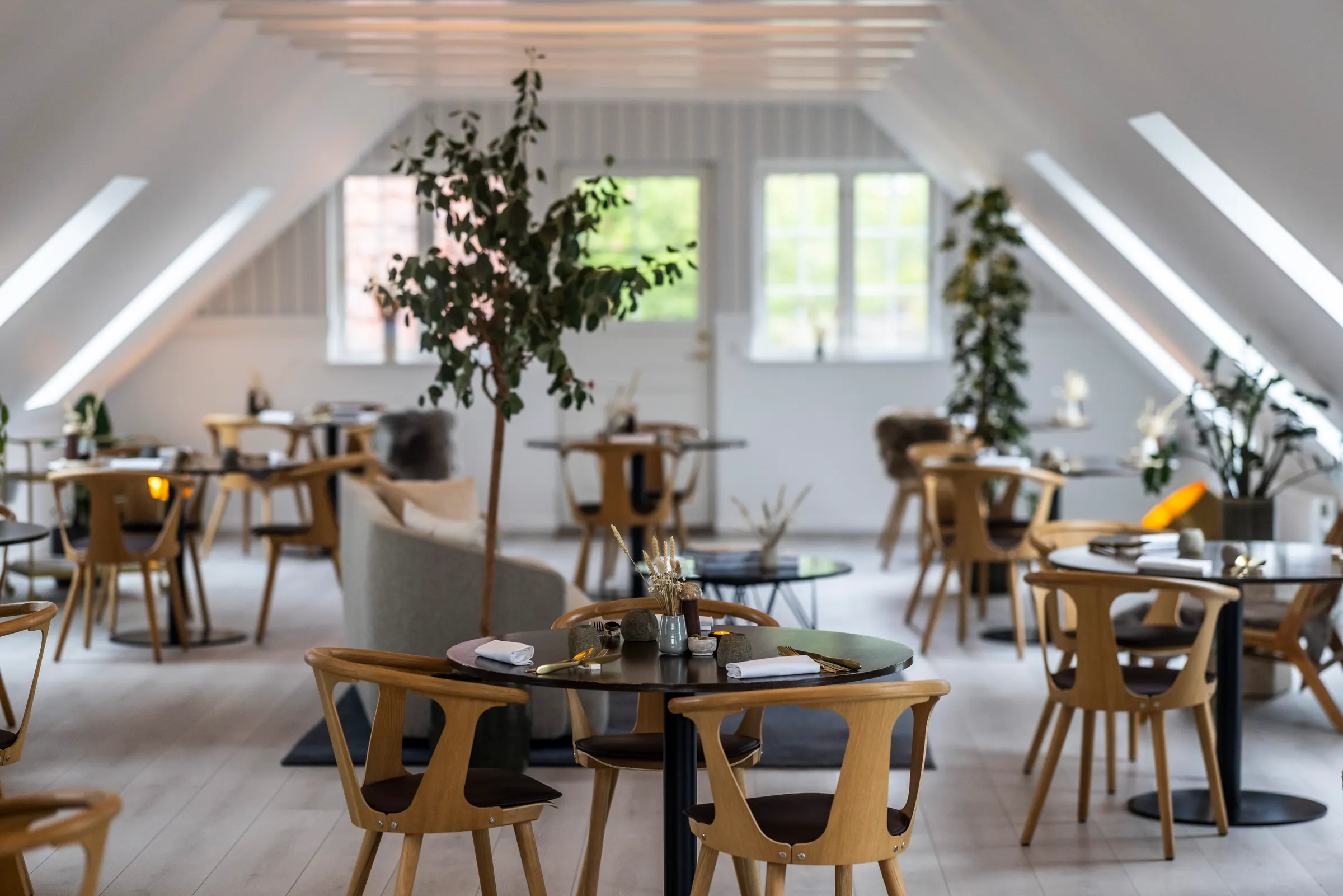 Allinge Badehotels lyse spisesal, klar til selskab